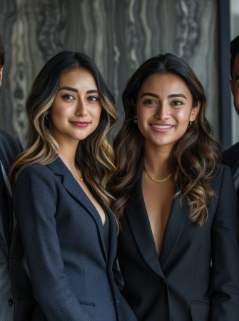 A group of four people are posing for a photo in suits. Scene is professional and formal